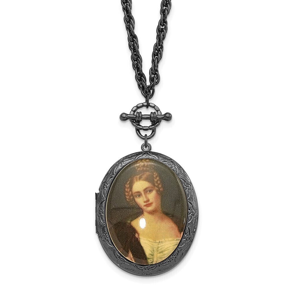 1928 Black-plated 47mm Oval Locket w Victorian Woman 30"Necklace Holds 2 Photos